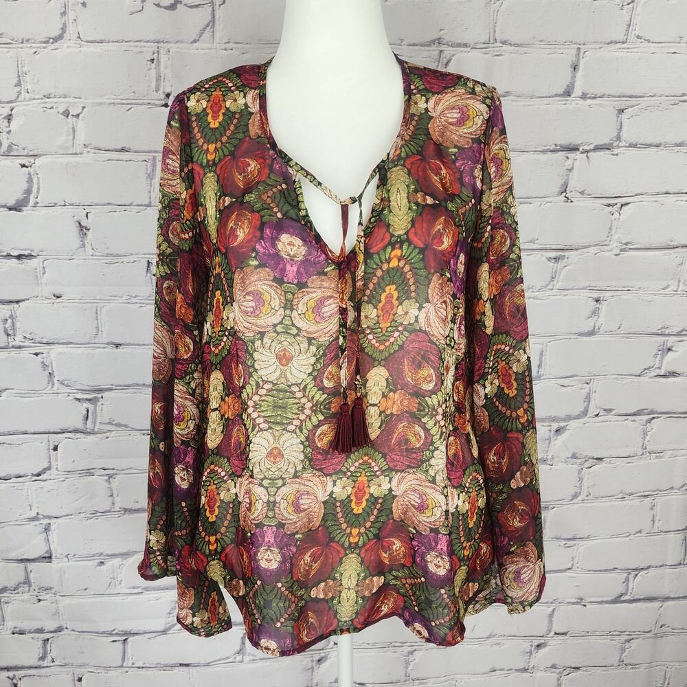 Show Me Your MuMu Bardot Tassel Top Womens L Bell sleeve boho hippie floral
